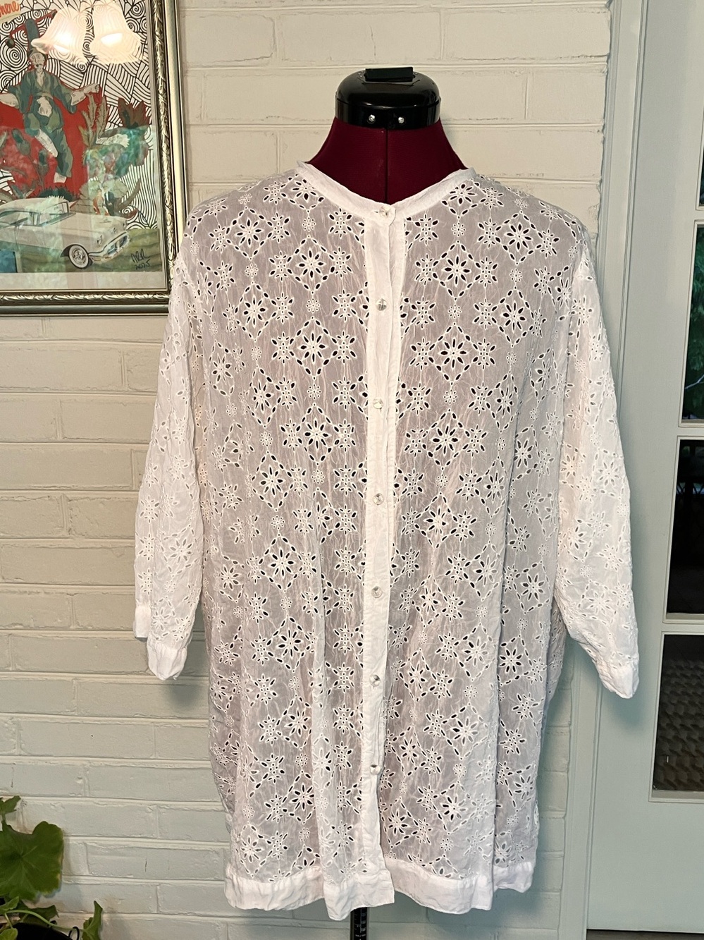 Johnny Was White Eyelet Blouse 1X | Boho Coverup | 3/4 Sleeve | 100% Rayon